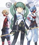  2boys agitation_(module) baggy_pants belt blonde_hair blue_eyes blue_hair boots buckle closed_eyes collar commentary gas_mask gloves green_hair hatsune_miku headphones highres kagamine_len kaito kari_kenji long_hair looking_at_viewer mask multiple_boys pants project_diva_(series) skirt smile standing striped striped_legwear thighhighs tight trio twintails unhappy_refrain_(vocaloid) very_long_hair vocaloid yellow_eyes 