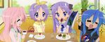  absurdres ahoge artist_request cake eating food fruit highres hiiragi_kagami hiiragi_tsukasa holding izumi_konata lucky_star mole mole_under_eye multiple_girls pastry purple_hair restaurant strawberry takara_miyuki 