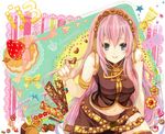  anko_kinako blue_eyes candy checkerboard_cookie cookie food food_as_clothes food_themed_clothes fruit headphones long_hair megurine_luka midriff navel pink_hair smile solo strawberry thighhighs vocaloid 