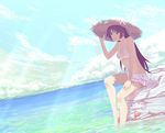  akie_(tyamau0525) bad_id bad_pixiv_id bakemonogatari barefoot bikini bikini_skirt blue_eyes cloud crab crustacean day frills hat legs long_hair monogatari_(series) ocean outdoors purple_hair senjougahara_hitagi sitting sky soaking_feet solo sun_hat swimsuit water 