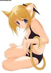  bare_feet bikini blonde_hair blue_eyes blush blushing bra nekomimi panties pony_tail ponytail swimsuit watermark 