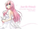 blue_eyes dress formal frills just_be_friends_(vocaloid) long_hair looking_up megurine_luka no_nose paper_airplane pink_hair red_string rella ribbon simple_background sleeveless solo string tears vocaloid white_dress 