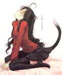  ahoge animal_ears artist_request black_legwear cat_ears cat_tail closed_eyes fate/stay_night fate_(series) from_side full_body kemonomimi_mode long_hair long_sleeves lowres no_shoes pleated_skirt sitting skirt solo tail thighhighs toosaka_rin translated turtleneck wariza 