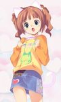  animal_ears blue_eyes brown_hair cat_ears fang idolmaster idolmaster_(classic) idolmaster_1 kawata_hisashi open_mouth raglan_sleeves solo tail takatsuki_yayoi twintails 