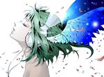  angel_wings cable closed_eyes green_eyes green_hair gumi hakuseki head_wings headphones headset petals short_hair simple_background solo topless vocaloid wind wings 