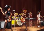  absurdres akiyama_mio amplifier artist_request black_hair blonde_hair blue_eyes brown_eyes brown_hair bun_cover china_dress chinese_clothes dress drum drum_set drumsticks fender fender_mustang gibson guitar high_heels highres hirasawa_yui instrument jazz_bass k-on! keyboard_(instrument) korg kotobuki_tsumugi les_paul long_hair marshall microphone microphone_stand multiple_girls nakano_azusa shoes short_hair stage tainaka_ritsu thighhighs twintails vintage_microphone yamaha 