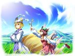  animal_ears artist_request blonde_hair brown_eyes brown_hair bug butterfly cat_ears cat_tail chen cloud day dress earrings field fox_tail grass hands_in_opposite_sleeves hat insect jewelry long_sleeves multiple_girls multiple_tails pillow_hat short_hair sky stick tabard tail touhou wide_sleeves yakumo_ran yellow_eyes 