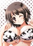  animal_print artist_request blush breasts brown_hair cleavage copyright_request cow_print horns large_breasts one_eye_closed red_eyes short_hair solo underboob 