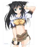  animal_ears belt black_hair bracelet cat_ears cuffs earring earrings female garter garters green_eyes hunter jewelry long_hair midriff nekomimi piercing plain_background ragnarok_online shorts skirt solo white_background 