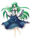  absurdres barefoot detached_sleeves frog full_body green_hair hair_ornament highres jewelry kochiya_sanae long_hair navel necklace osashin_(osada) snake solo tassel touhou transparent_background wide_sleeves yellow_eyes 