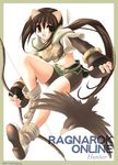  animal_ears bird bow_(weapon) brown_eyes brown_hair fujimiya_misuzu hunter_(ragnarok_online) long_hair midriff ponytail ragnarok_online solo weapon 