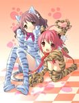  ahoge animal_ears bow brown_eyes brown_hair cat_ears catgirl dress fang gloves itou_noiji long_hair momose_hikaru nekomimi noizi_itou oversized_paw_gloves peace@pieces pink_hair red_eyes short_hair striped stripes takanashi_homare thigh_highs thighhighs tiger_striped twin_tails twintails 