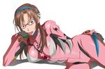  bad_id bad_pixiv_id blue_eyes bodysuit brown_hair chin_rest evangelion:_2.0_you_can_(not)_advance glasses hairband hand_on_thigh line9 lying makinami_mari_illustrious neon_genesis_evangelion on_side pink_bodysuit rebuild_of_evangelion shadow simple_background solo tongue twintails 
