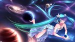  aqua_hair bad_id bad_pixiv_id barefoot blue_hair floating_hair gradient_hair green_hair hatsune_miku highres long_hair multicolored_hair purple_hair solo space twintails very_long_hair vocaloid yykuaixian 