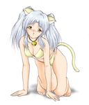  amber_eyes animal_ears bare_feet barefoot bell bikini blue_hair blush blushing breasts cat_ears cleavage clothed clothing collar female hoshino_ruri kidou_senkan_nadesico long_hair martian_successor_nadesico nekomimi plain_background ruri_hoshino skimpy solo swimsuit twin_tails twintails white_background yellow_eyes 