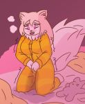 2015 anthro bed bedwetting blush breasts clothed clothing digital_media_(artwork) eyelashes feline female fur hair kneeling long_hair looking_down mammal on_bed open_mouth pajamas peeing pillow pink_eyes plushie shaking solo teeth tinycatmom urine wetting 
