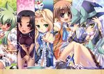  absurdres animal_print batai black_hair blonde_hair blush brown_hair china_dress chinese_clothes clenched_hand column_lineup crown dress fang fur green_eyes hat highres hikage_eiji houtou kantaka katagiri_hinata koihime_musou kuwada_yuuki lavender_hair leaning_forward moukaku multiple_girls official_art panties pantyshot pantyshot_(sitting) pink_eyes pink_panties purple_eyes purple_hair shuutai sitting skirt smile teiiku tiger_print underwear witch witch_hat yatsuha_kanan 