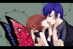  1girl asymmetrical_wings blue_eyes blue_hair brown_eyes brown_hair butterfly_wings couple hetero holding_hands kaito lipstick magnet_(vocaloid) makeup meiko nail_polish pink_nails purple_nails short_hair tonyo_(milky_crown) vocaloid wings 