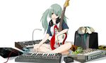  anko_anko aqua_eyes aqua_hair barefoot casual fender guitar hatsune_miku headphones instrument jaguar_(guitar) long_hair microphone simple_background sitting solo speaker twintails vocaloid 