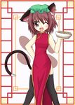  animal_ears black_legwear brown_eyes brown_hair cat_ears cat_tail chen china_dress chinese_clothes cookie dress earrings food hat jewelry makino_(ukiuo) one_eye_closed paw_print short_hair solo tail thighhighs touhou 