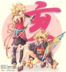  amber_eyes animal_ears bell blonde_hair blush blushing bow cat_ears fan japanese_clothes kimono leg_warmers long_hair nekomimi shorts sword tabi tattoo weapon yellow_eyes 