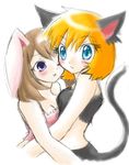  animal_ears blue_eyes blush blushing brown_hair bunny_ears cat_ears couple duo female haruka haruka_(pokemon) kasumi kasumi_(pokemon) nekomimi plain_background pokemon purple_eyes rabbit_ears red_hair redhead short_hair usagimimi violet_eyes white_background 