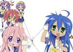  ? absurdres ahoge angry artist_request blue_eyes blue_hair glasses green_eyes highres hiiragi_kagami hiiragi_tsukasa izumi_konata kobayakawa_yutaka long_hair lucky_star mole mole_under_eye multiple_girls musical_note pink_hair purple_hair short_hair string_phone takara_miyuki 