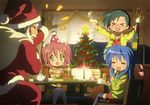  &gt;_&lt; :3 =_= absurdres ahoge akitake_seiichi blue_hair christmas closed_eyes green_eyes highres izumi_konata izumi_soujirou kobayakawa_yutaka long_hair lucky_star mole mole_under_eye multiple_girls narumi_yui open_mouth santa_costume short_hair x3 