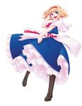  absurdres alice_margatroid babato bad_id bad_pixiv_id blonde_hair blue_dress blue_eyes boots cross-laced_footwear dress frills full_body gathers hairband hand_in_hair highres lace-up_boots open_mouth short_hair smile solo touhou transparent_background 