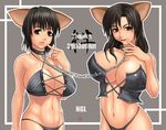  2girls animal_ears black_eyes black_hair bra breasts brown_eyes bustier cat_ears chain chains cleavage collar drool front-tie_top high_cut huge_breasts lace_up_front large_breasts licking long_hair multiple_girls navel nekomimi original panties saliva short_hair siblings sisters tenji tongue tongue_out underwear 