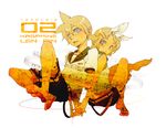 1girl back-to-back barefoot bass_clef beamed_eighth_notes blonde_hair blue_eyes brother_and_sister eighth_note eighth_rest english feet hair_ornament hair_ribbon hairclip holding_hands kagamine_len kagamine_rin lyrics musical_note quarter_note quarter_rest ribbon sachio sharp_sign sheet_music short_hair shorts siblings simple_background treble_clef twins vocaloid 