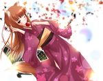  animal_ears apple bad_id bad_pixiv_id blush brown_hair candy_apple food fruit holo japanese_clothes kimono leaf long_hair mikuri_yoru one_eye_closed red_eyes smile solo spice_and_wolf tail wolf_ears yukata 