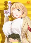 1girl ;d artist_name breast_rest breasts breasts_on_head brown_eyes brown_hair button_gap energy_gun gamon_yuuta gloves huge_breasts looking_at_viewer narusawa_ryouka occultic;nine one_eye_closed open_mouth ray_gun shadow short_hair signature smile striped striped_background thumbs_up weapon white_gloves zukky 