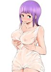  blue_eyes blush breast_lift breasts cleavage cleft_of_venus collarbone covered_nipples eyebrows_visible_through_hair gensokigou long_hair looking_at_viewer medium_breasts nipples open_mouth original purple_hair see-through shirt simple_background solo tank_top wet wet_clothes wet_shirt white_background 