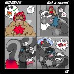  bed big_muscles blush clothed clothing eyes_closed felid kissing lion male male/male mammal mask mephitid muscular pantherine rubberbuns skunk topless ursid 