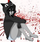  1girl bare_legs barefoot black_hair blood creepypasta female full_body hoodie jane_the_killer long_sleeves shorts solo white_background 