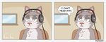  cat chair dialogue feline fur grey_fur headphones inside mammal mrfarrow profanity window yellow_eyes 