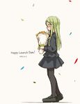  2016 black_legwear black_serafuku black_skirt blush bouquet commentary_request confetti crescent crescent_hair_ornament dated english flower from_side full_body green_eyes green_hair hair_ornament holding holding_bouquet kantai_collection long_hair long_sleeves nagatsuki_(kantai_collection) pantyhose school_uniform serafuku skirt solo standing usui_harusame white_background 