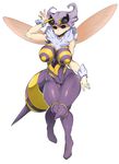  bee_girl black_eyes breasts full_body fur_collar highres huge_breasts insect_girl insect_wings lavender_hair looking_at_viewer q-bee simple_background slugbox solo stinger vampire_(game) wings 