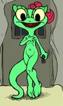  anthro chameleon covering covering_self door dreamworks featureless_crotch female hair lizard lizzie nude open_mouth red_hair reptile scalie solo unknown_artist yellow_eyes 