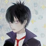 1boy black_hair blood_lad fangs looking_at_viewer male_focus matayoshi necktie pale_skin parted_lips red_eyes simple_background solo spiked_hair vampire vlad_charlie_staz 