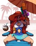  beach_chair breasts cleavage cleavage_cutout coconut hat highres jordan_smith league_of_legends lips medium_breasts navel navel_cutout one-piece_swimsuit palm_tree red_hair sarah_fortune shade solo spread_legs sun_hat sunglasses swimsuit thick_thighs thighs tree umbrella water_gun 