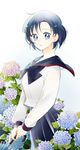  bad_id bad_pixiv_id bishoujo_senshi_sailor_moon blue_eyes blue_hair blue_sailor_collar flower from_side hydrangea juuban_high_school_uniform leaf_(kohakoo) looking_at_viewer mizuno_ami neck pleated_skirt ribbon sailor_collar school_uniform serafuku short_hair skirt solo umbrella 