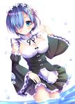  black_ribbon blush breasts closed_mouth detached_sleeves dutch_angle eyes_visible_through_hair frilled_sleeves frills hair_ornament hair_over_one_eye looking_at_viewer maid maid_headdress medium_breasts re:zero_kara_hajimeru_isekai_seikatsu rem_(re:zero) ribbon ribbon-trimmed_clothes ribbon_trim short_hair simple_background smile solo standing suzukawa_yui water water_drop white_background x_hair_ornament 