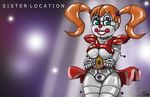  2016 animatronic baby_(fnafsl) big_breasts breasts bright_background digital_media_(artwork) dipgd female five_nights_at_freddy&#039;s glowing glowing_eyes green_eyes hair humanoid machine not_furry orange_hair presenting presenting_pussy pussy robot sister_location smile solo video_games 
