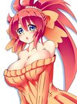  :o akina_brooks arianrhod_rpg arianrhod_saga blue_eyes breasts commentary_request hair_ornament hair_ribbon highres ichimu_(1727) large_breasts long_hair looking_at_viewer off-shoulder_shirt off_shoulder open_mouth ponytail red_hair ribbed_sweater ribbon shirt solo sweater 