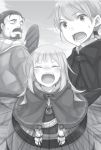  1boy 1girl ayakura_juu barrel bear capelet eyes_closed facial_hair greyscale long_hair monochrome mustache myuri_(spice_and_wolf) novel_illustration official_art open_mouth outdoors ponytail spice_and_wolf sweatdrop tears tote_col 