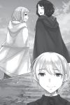  1boy 2girls :d ayakura_juu cape day eyebrows_visible_through_hair eyes_closed greyscale grin hair_between_eyes hood hood_down hooded looking_back monochrome multiple_girls myuri_(spice_and_wolf) novel_illustration official_art open_mouth outdoors ponytail shiny shiny_hair short_hair smile spice_and_wolf tote_col 