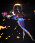  2016 ;d arched_back artstation_sample ass bangs bodysuit boots bracer breasts brown_eyes brown_hair character_name charm_(object) chenkiyui copyright_name d.va_(overwatch) dated dual_wielding emblem eyelashes facepaint facial_mark finger_on_trigger from_behind full_body gloves gun hand_up handgun headphones highres holding holding_gun holding_weapon image_sample lips lipstick logo long_hair long_sleeves looking_at_viewer makeup nose one_eye_closed open_mouth overwatch pauldrons pilot_suit red_lips red_lipstick ribbed_bodysuit shoulder_pads skin_tight small_breasts smile solo teeth thigh_boots thigh_strap thighhighs turtleneck weapon whisker_markings white_footwear white_gloves 