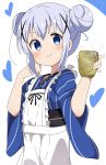  1girl :&gt; alternate_costume apron arms_up blue_eyes blue_hair commentary_request cup double_bun gochuumon_wa_usagi_desu_ka? hair_ornament heart highres holding japanese_clothes kafuu_chino liyocafe looking_at_viewer maid short_hair simple_background solo teacup x_hair_ornament 